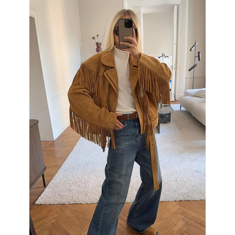 Damen Wildlederjacke mit Fransen und großzügigen Ärmeln - Vittorelli