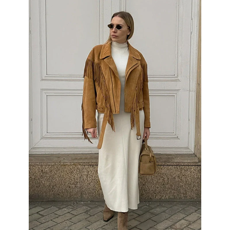 Damen Wildlederjacke mit Fransen und großzügigen Ärmeln - Vittorelli
