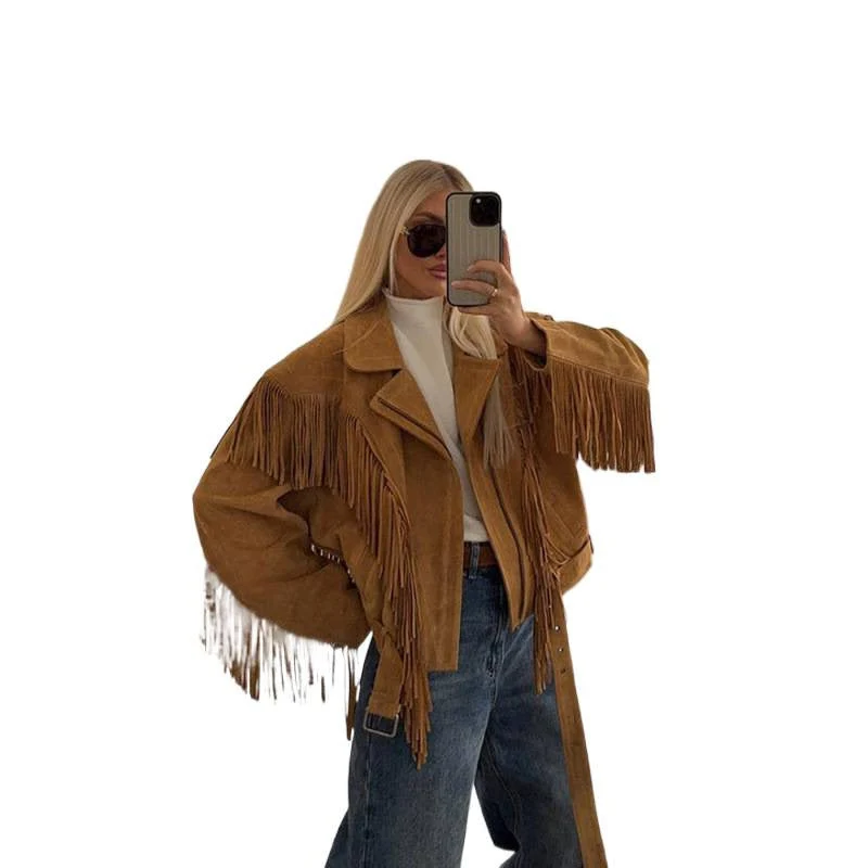 Damen Wildlederjacke mit Fransen und großzügigen Ärmeln - Vittorelli