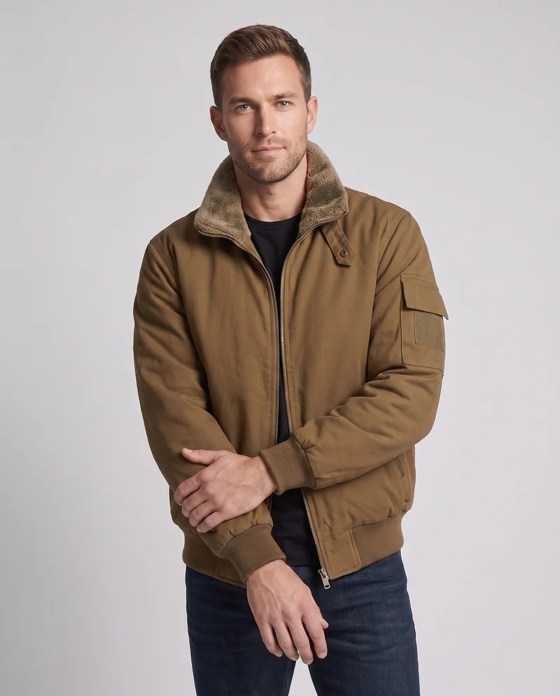 Herren Teddygefütterte Bomberjacke mit Stehkragen, Ärmeltasche & Thermofutter Nord Taschen