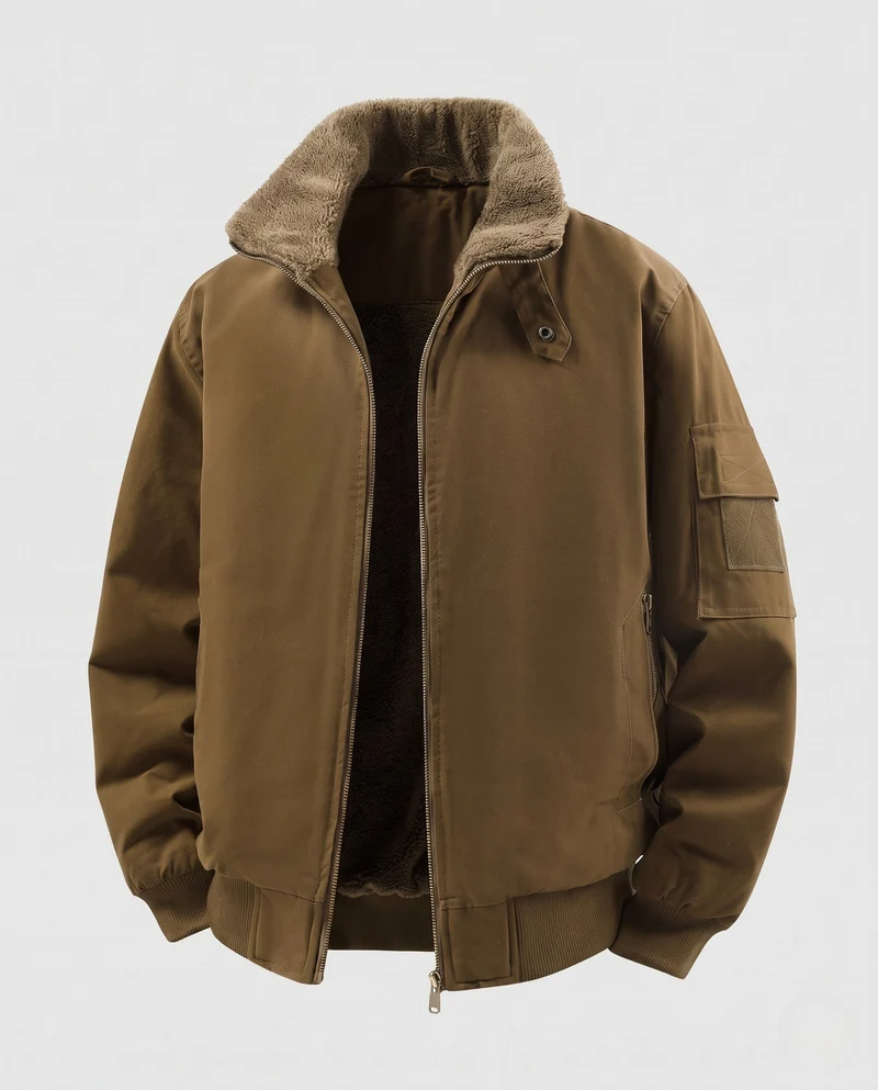 Herren Teddygefütterte Bomberjacke mit Stehkragen, Ärmeltasche & Thermofutter Nord Taschen