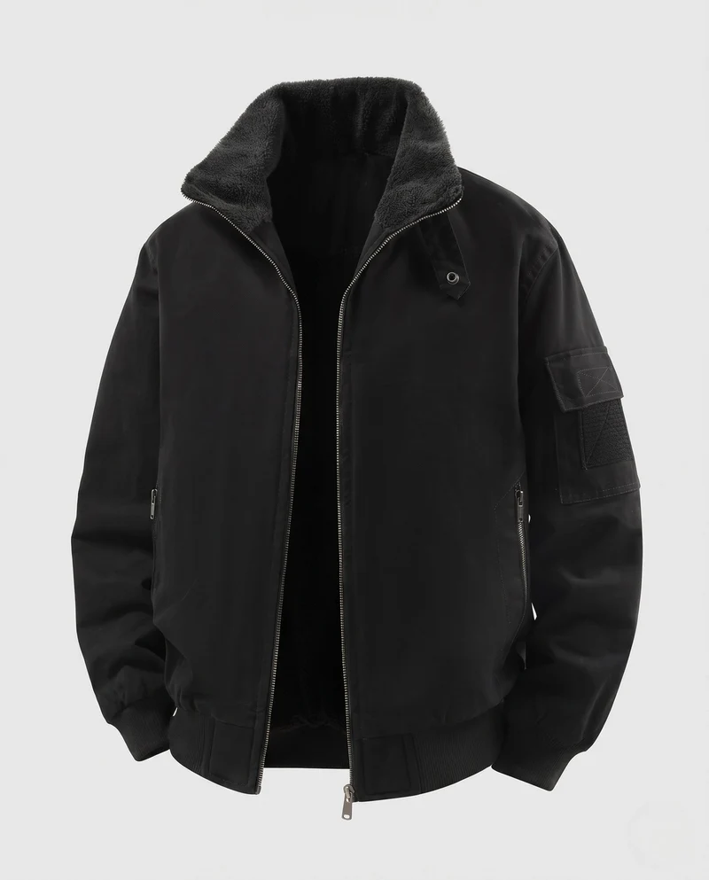 Herren Teddygefütterte Bomberjacke mit Stehkragen, Ärmeltasche & Thermofutter Nord Taschen