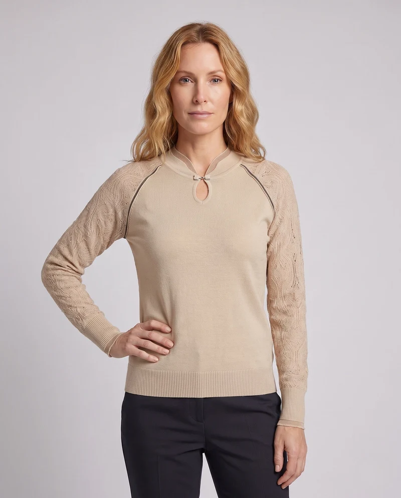 Damen Feinstrickpullover mit Mandarin‑Kragen, Tropfenausschnitt und Zierschließe Nord Taschen