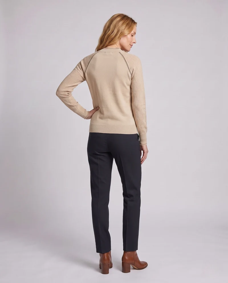 Damen Feinstrickpullover mit Mandarin‑Kragen, Tropfenausschnitt und Zierschließe Nord Taschen
