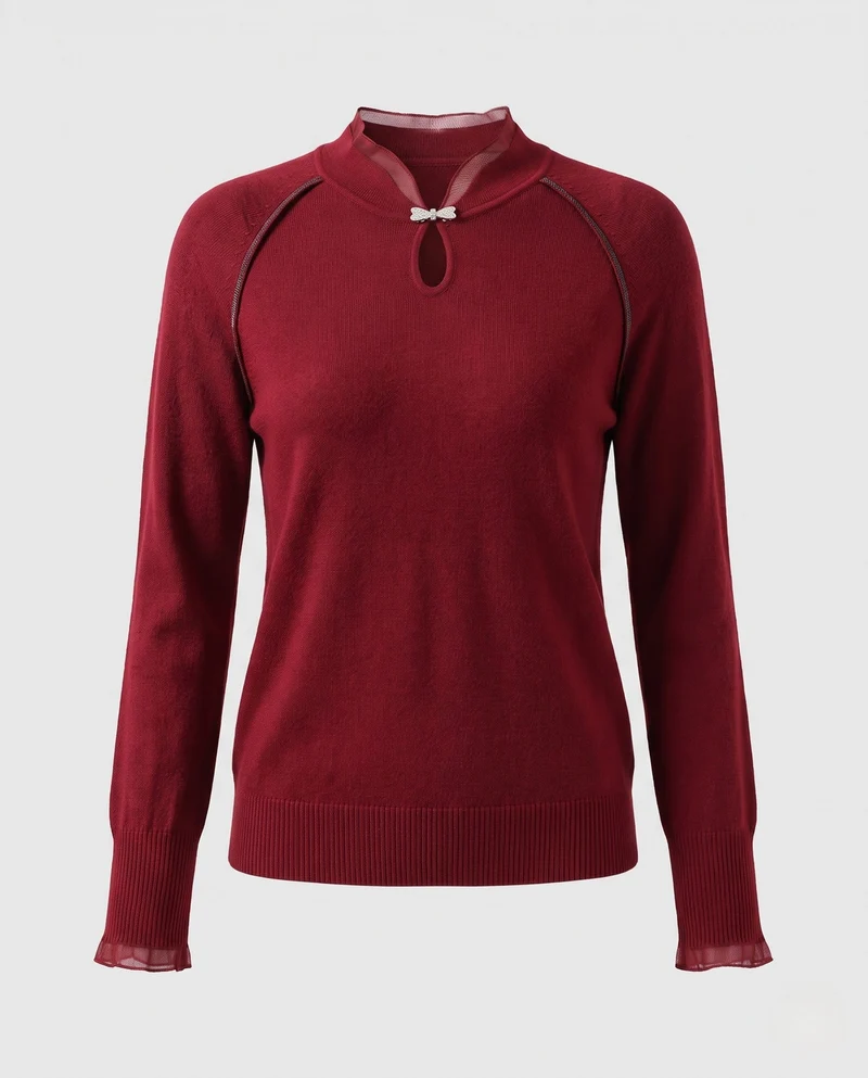 Damen Feinstrickpullover mit Mandarin‑Kragen, Tropfenausschnitt und Zierschließe Nord Taschen