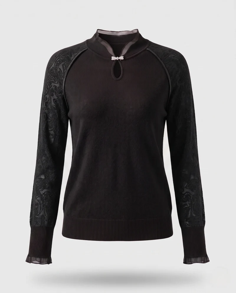 Damen Feinstrickpullover mit Mandarin‑Kragen, Tropfenausschnitt und Zierschließe Nord Taschen