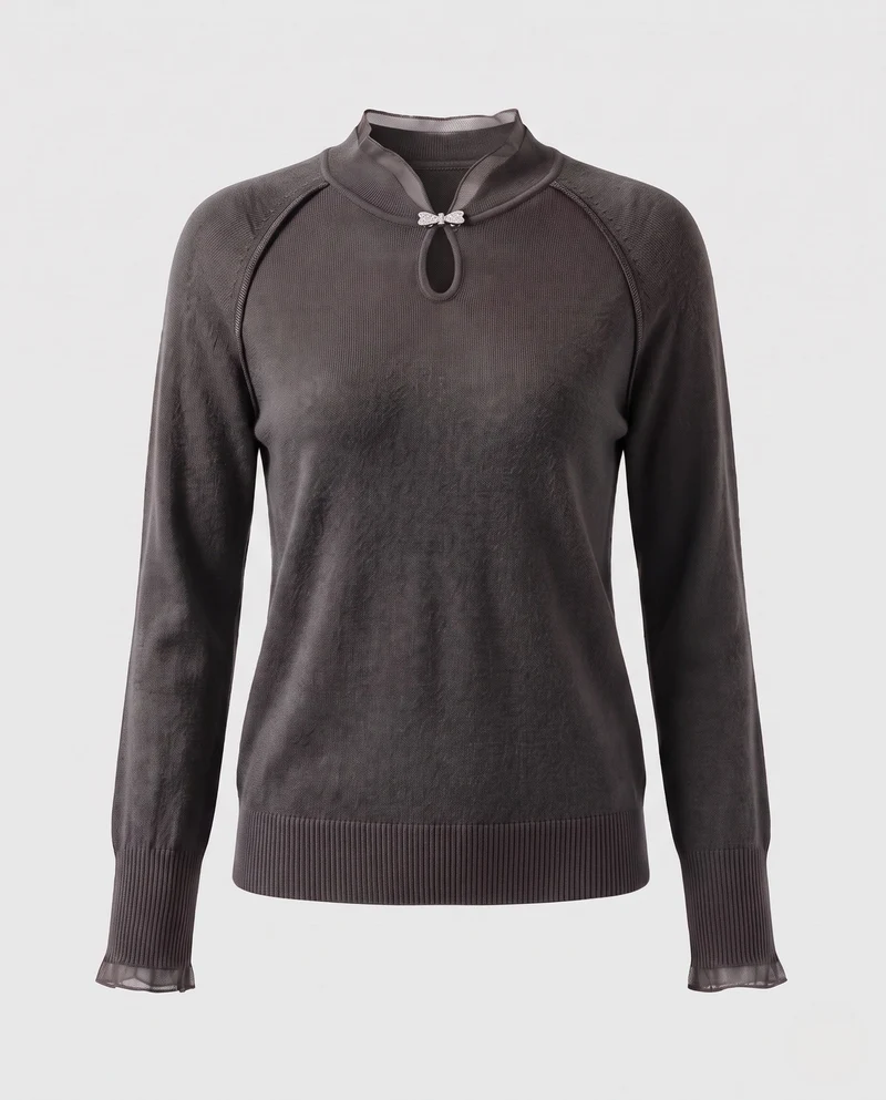 Damen Feinstrickpullover mit Mandarin‑Kragen, Tropfenausschnitt und Zierschließe Nord Taschen