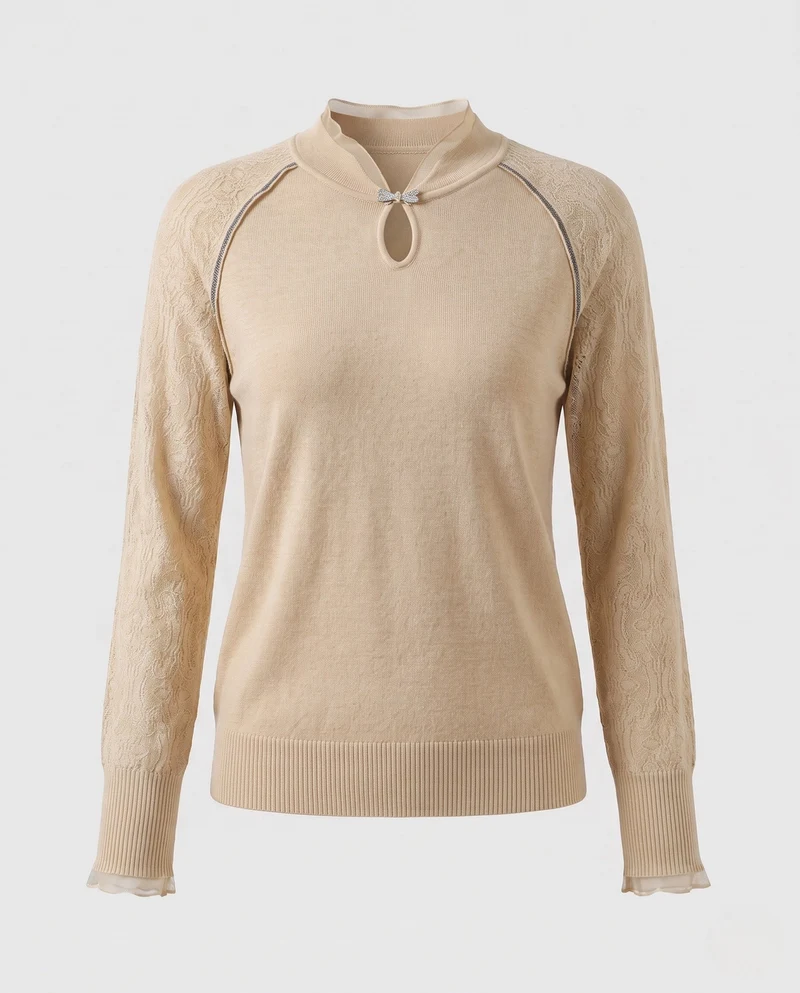 Damen Feinstrickpullover mit Mandarin‑Kragen, Tropfenausschnitt und Zierschließe Nord Taschen