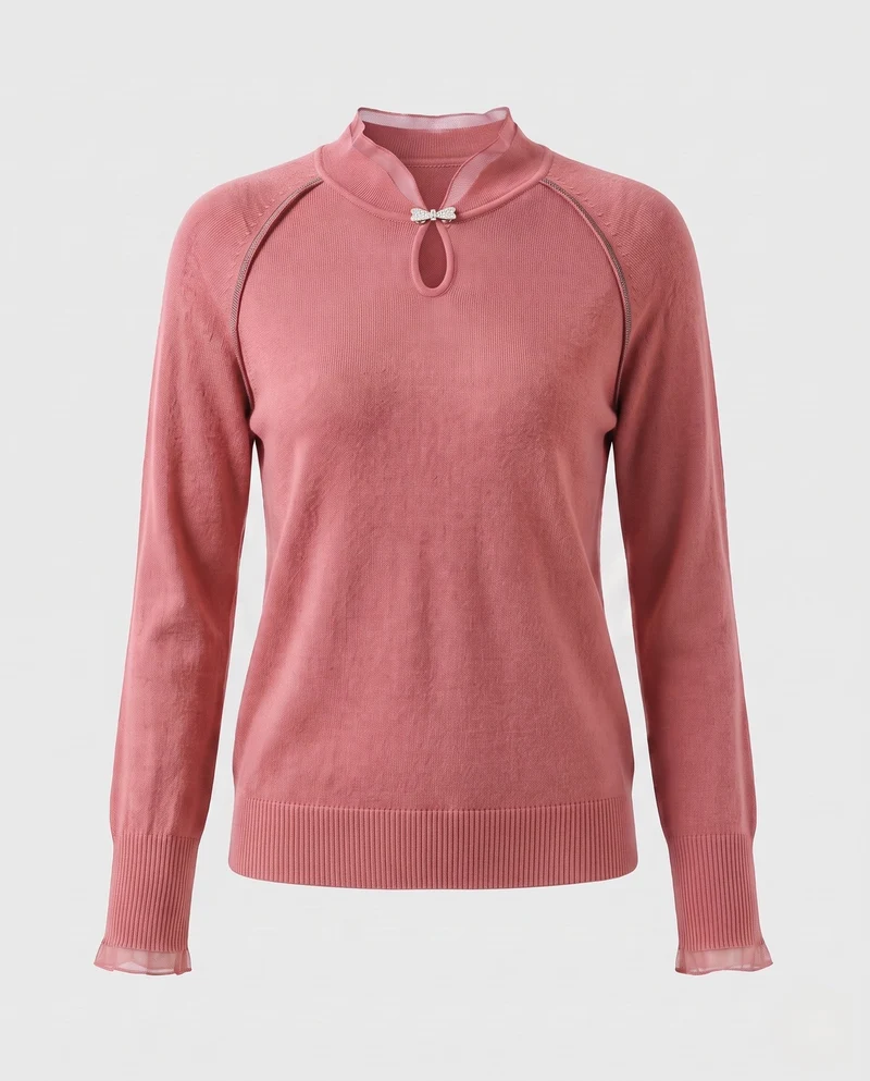Damen Feinstrickpullover mit Mandarin‑Kragen, Tropfenausschnitt und Zierschließe Nord Taschen