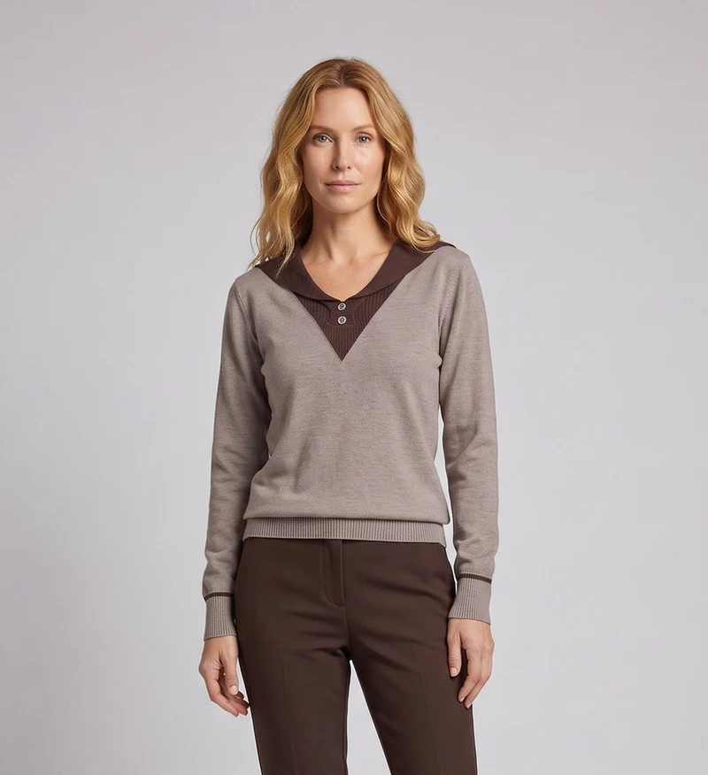 Damen Feinstrickpullover mit Matrosenkragen, V‑Einsatz und Zierknopfleiste Nord Taschen