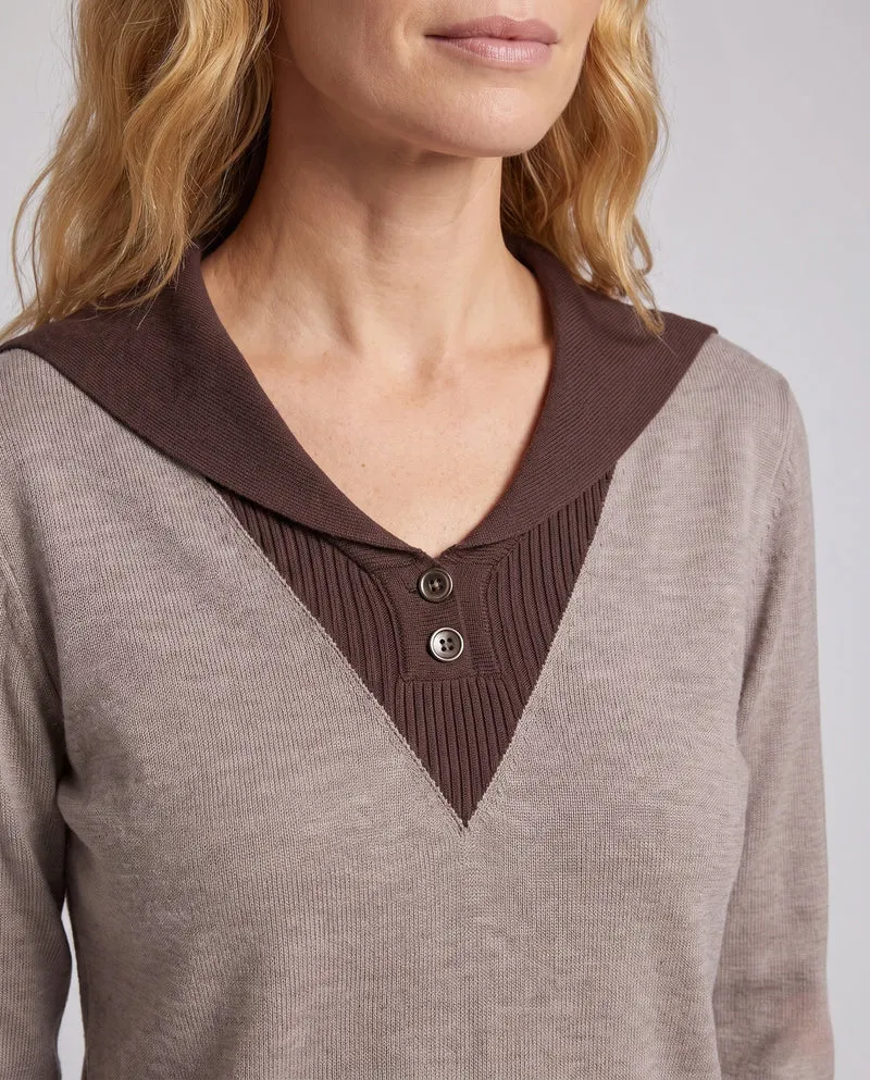 Damen Feinstrickpullover mit Matrosenkragen, V‑Einsatz und Zierknopfleiste Nord Taschen