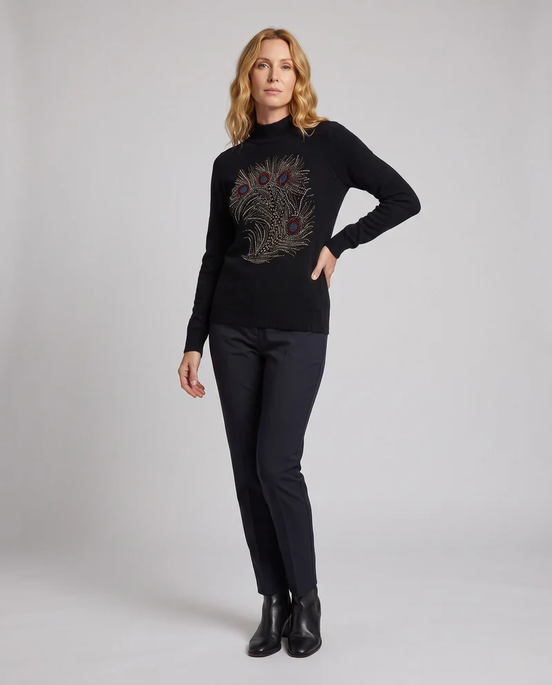Damen Feinstrickpullover mit Pfauenfeder-Strassapplikation Nord Taschen