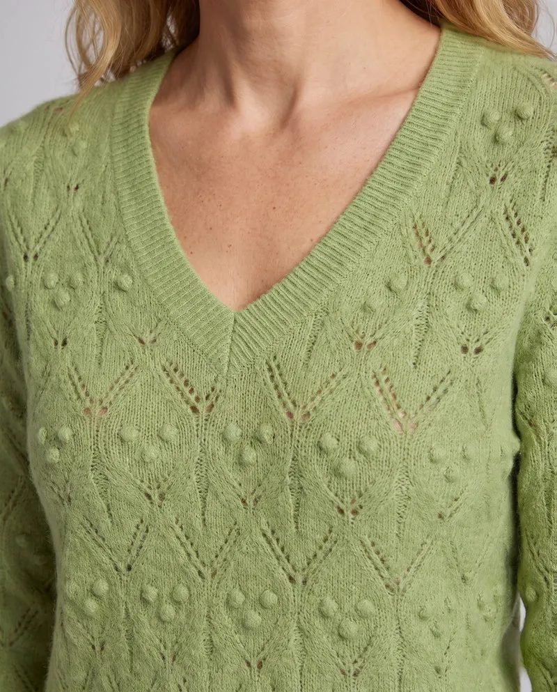 Damen Feinstrickpullover mit V‑Ausschnitt, Ajourmuster und flauschiger Mohair-Optik Nord Taschen
