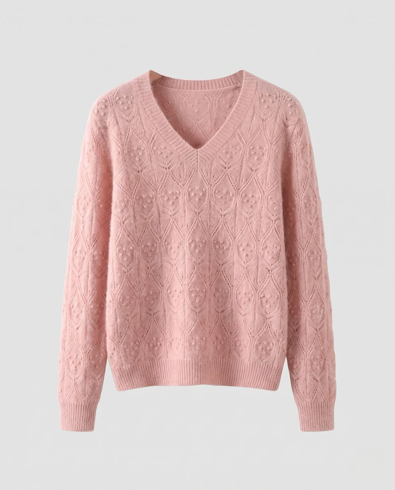 Damen Feinstrickpullover mit V‑Ausschnitt, Ajourmuster und flauschiger Mohair-Optik Nord Taschen