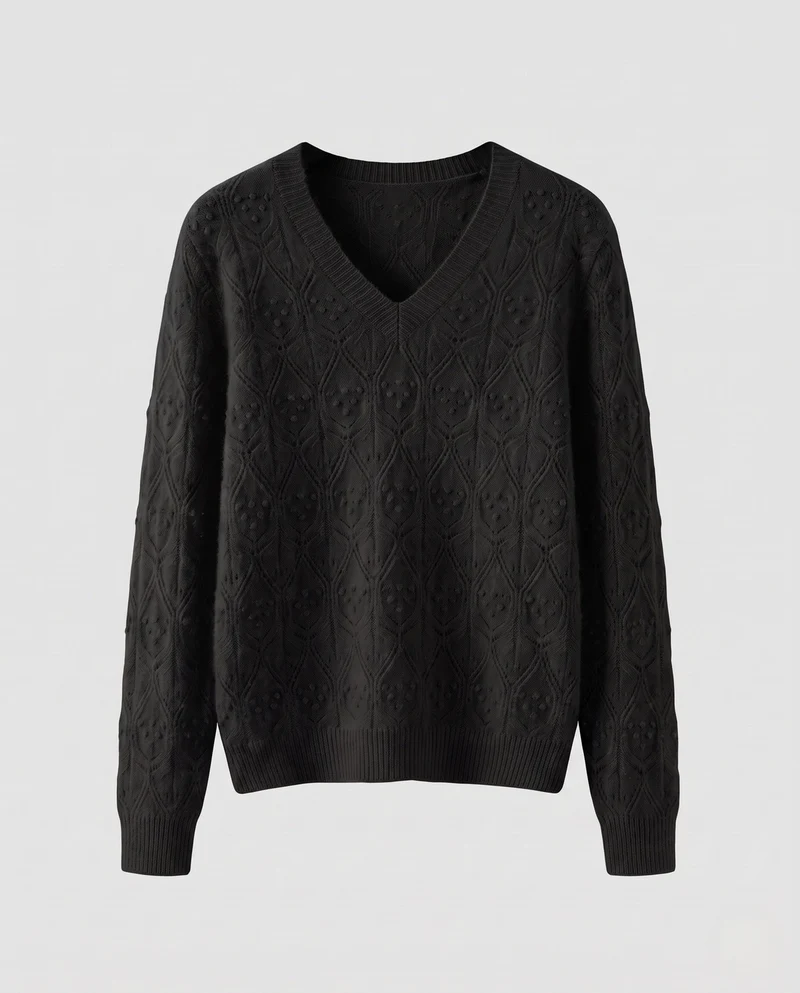 Damen Feinstrickpullover mit V‑Ausschnitt, Ajourmuster und flauschiger Mohair-Optik Nord Taschen
