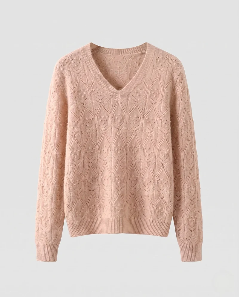 Damen Feinstrickpullover mit V‑Ausschnitt, Ajourmuster und flauschiger Mohair-Optik Nord Taschen