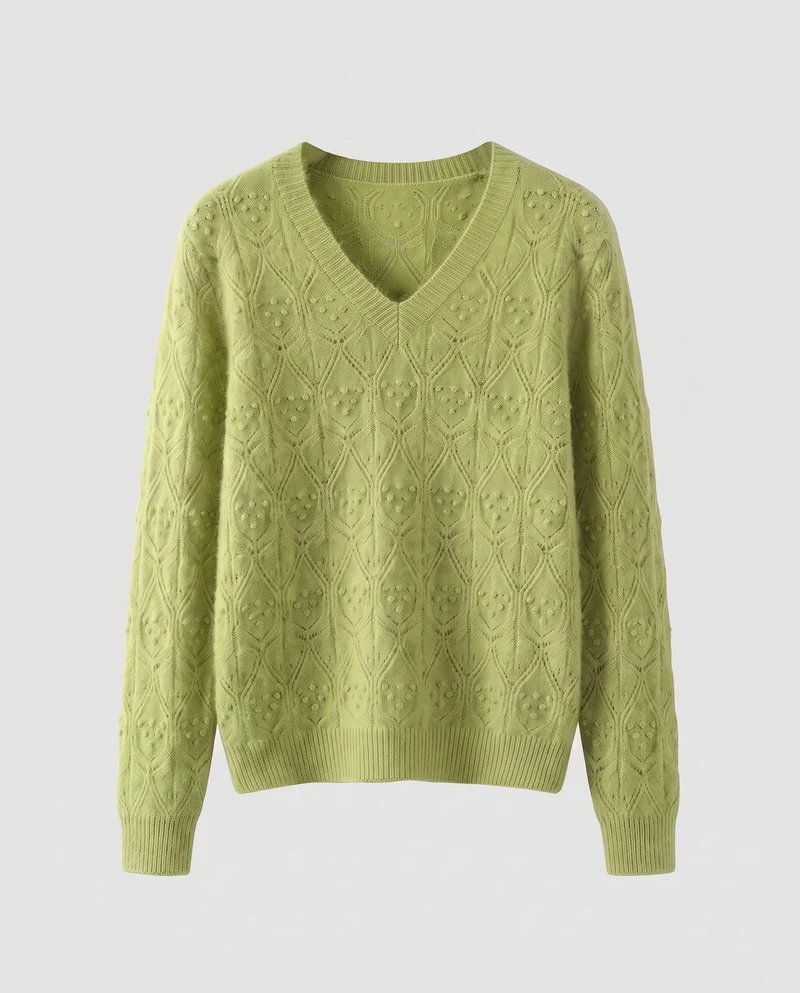 Damen Feinstrickpullover mit V‑Ausschnitt, Ajourmuster und flauschiger Mohair-Optik Nord Taschen