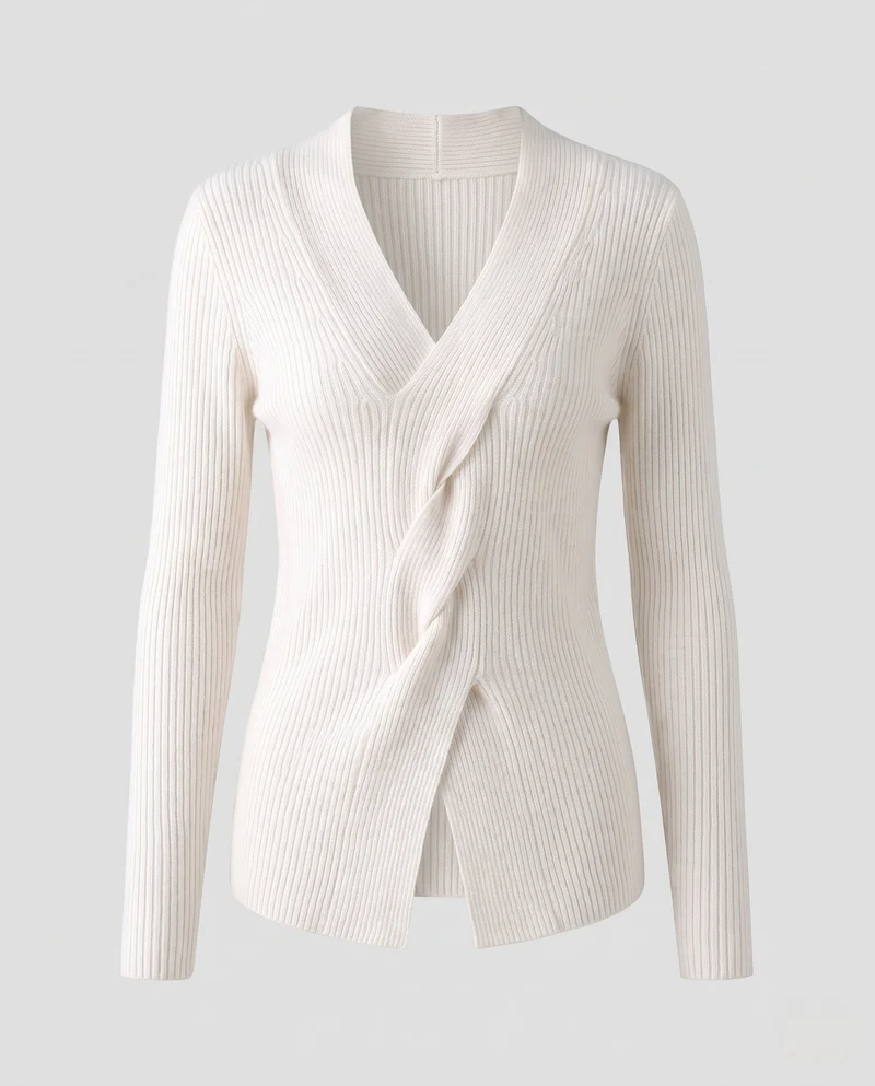 Damen Feinstrickpullover mit V‑Ausschnitt, gedrehtem Drapé und feiner Rippenstruktur Nord Taschen