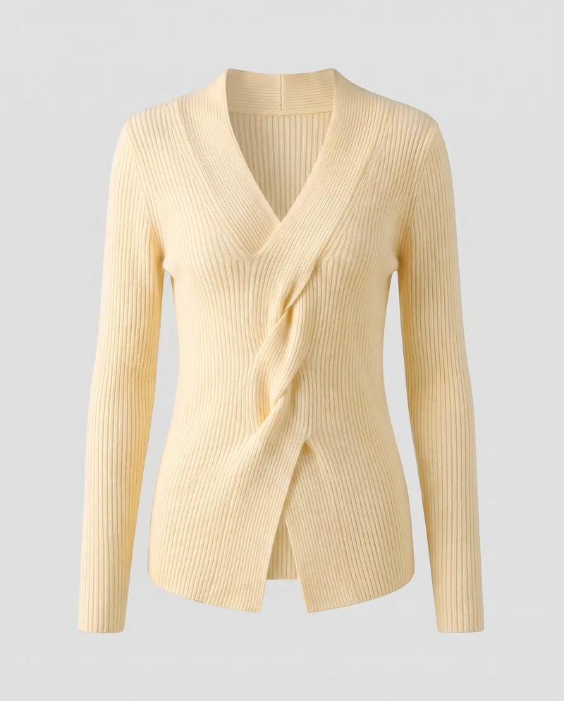 Damen Feinstrickpullover mit V‑Ausschnitt, gedrehtem Drapé und feiner Rippenstruktur Nord Taschen
