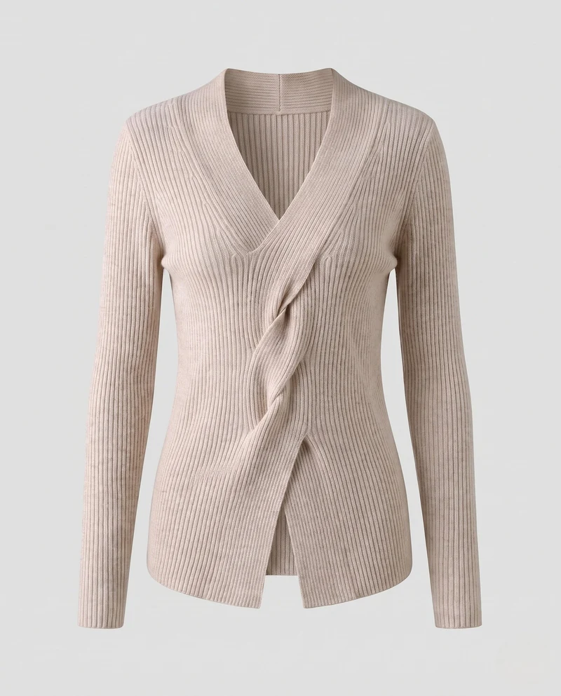 Damen Feinstrickpullover mit V‑Ausschnitt, gedrehtem Drapé und feiner Rippenstruktur Nord Taschen