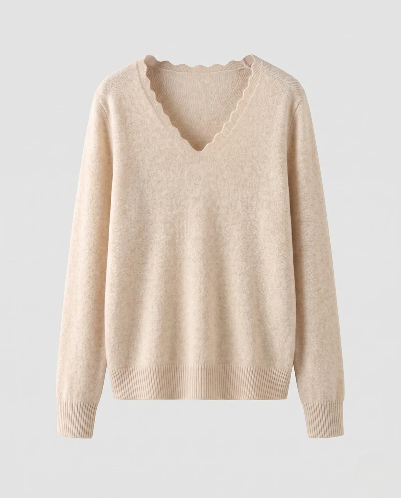 Damen Feinstrickpullover mit V‑Ausschnitt und gezackter Kantenverzierung Nord Taschen