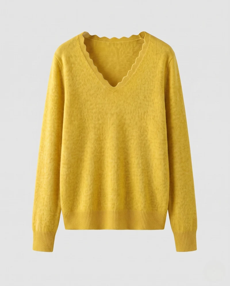 Damen Feinstrickpullover mit V‑Ausschnitt und gezackter Kantenverzierung Nord Taschen