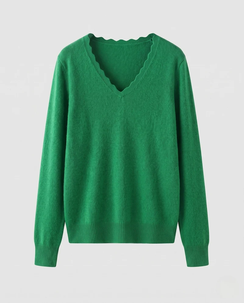 Damen Feinstrickpullover mit V‑Ausschnitt und gezackter Kantenverzierung Nord Taschen