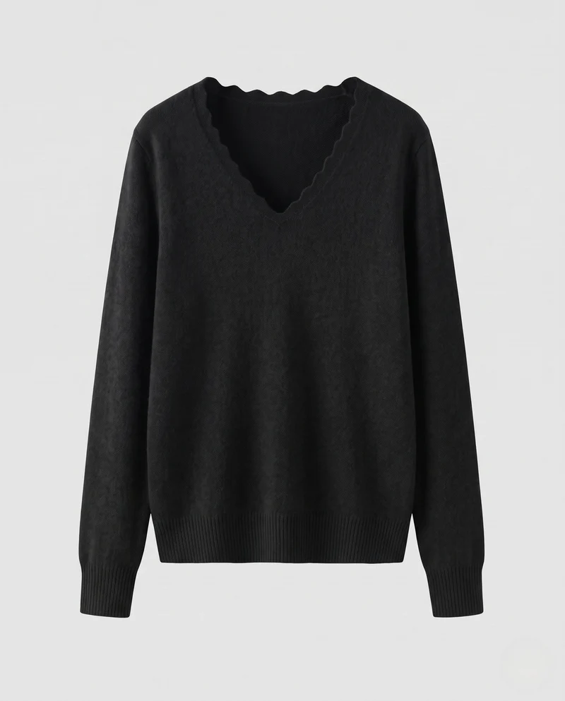 Damen Feinstrickpullover mit V‑Ausschnitt und gezackter Kantenverzierung Nord Taschen