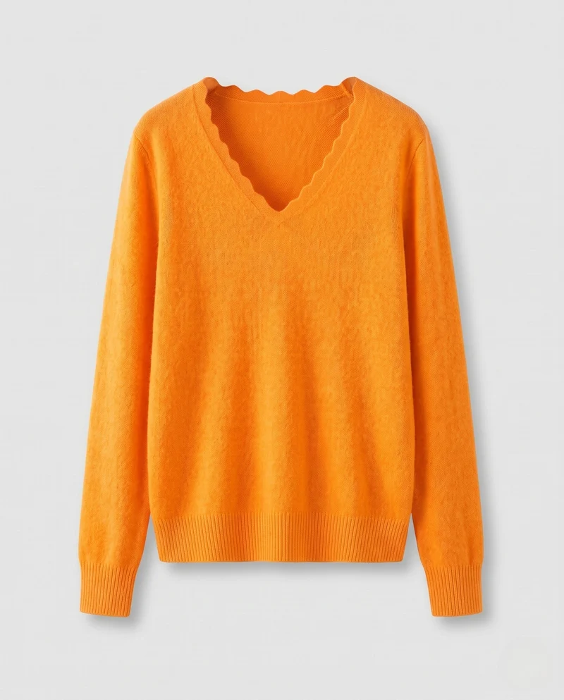Damen Feinstrickpullover mit V‑Ausschnitt und gezackter Kantenverzierung Nord Taschen