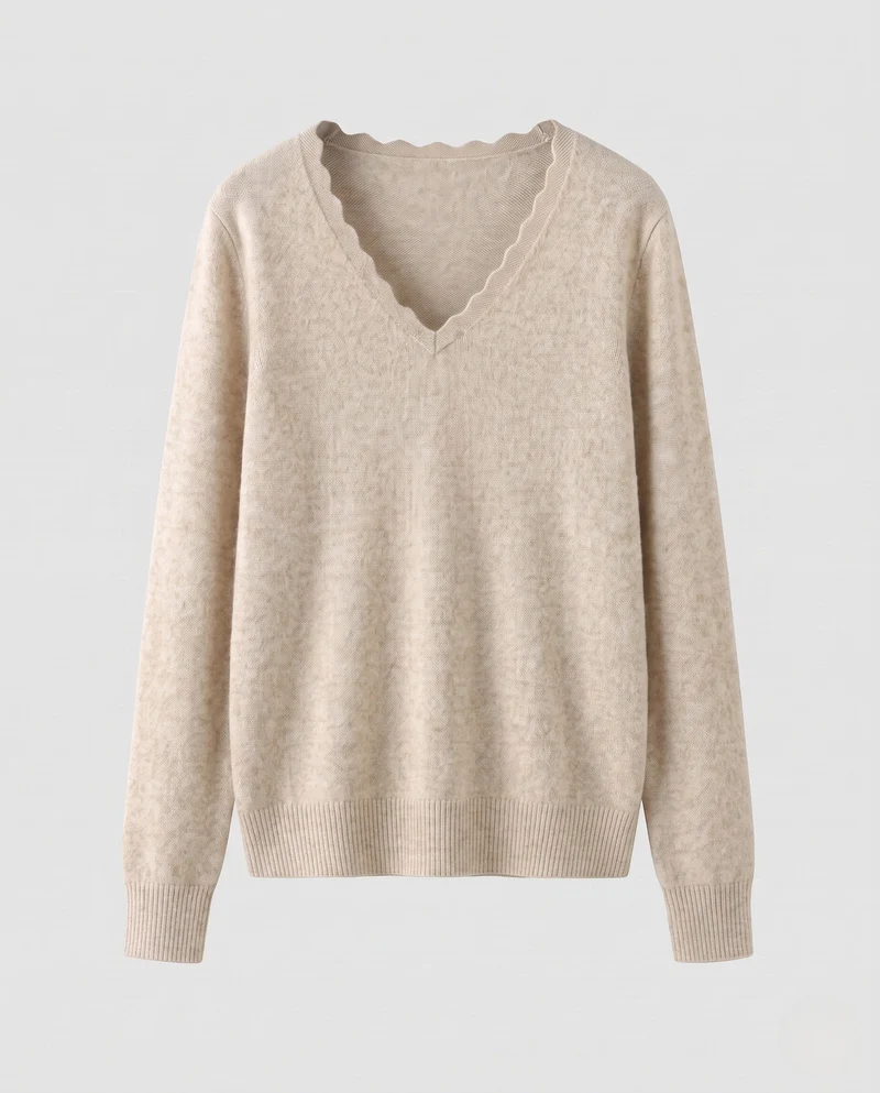 Damen Feinstrickpullover mit V‑Ausschnitt und gezackter Kantenverzierung Nord Taschen