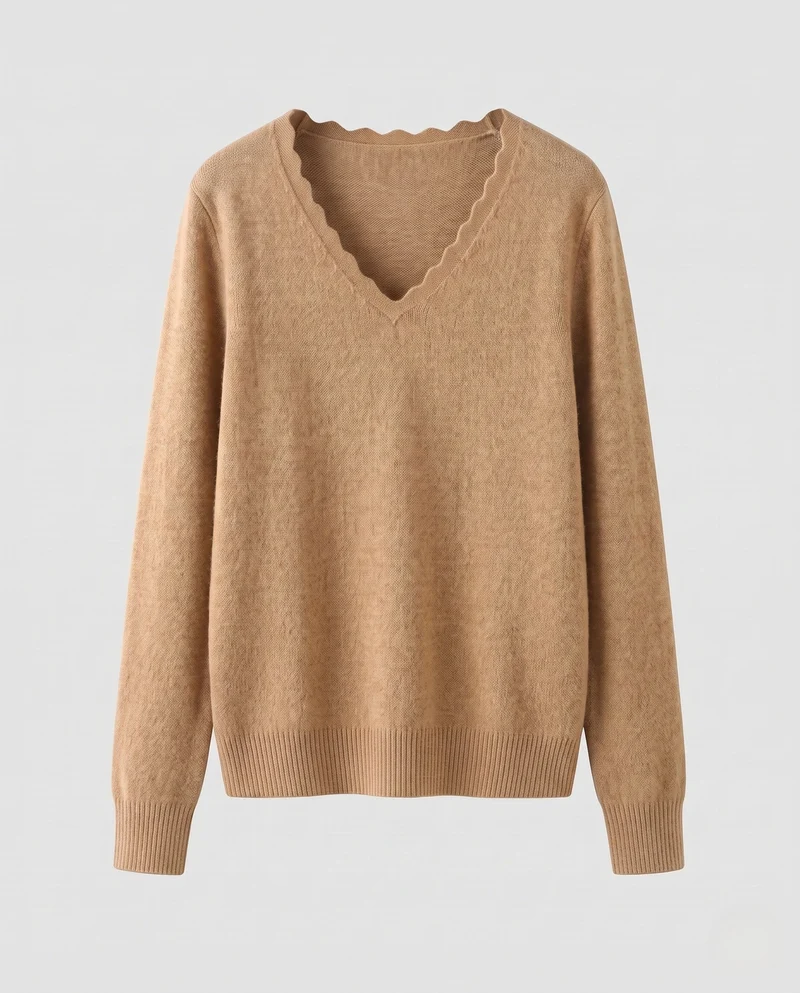 Damen Feinstrickpullover mit V‑Ausschnitt und gezackter Kantenverzierung Nord Taschen