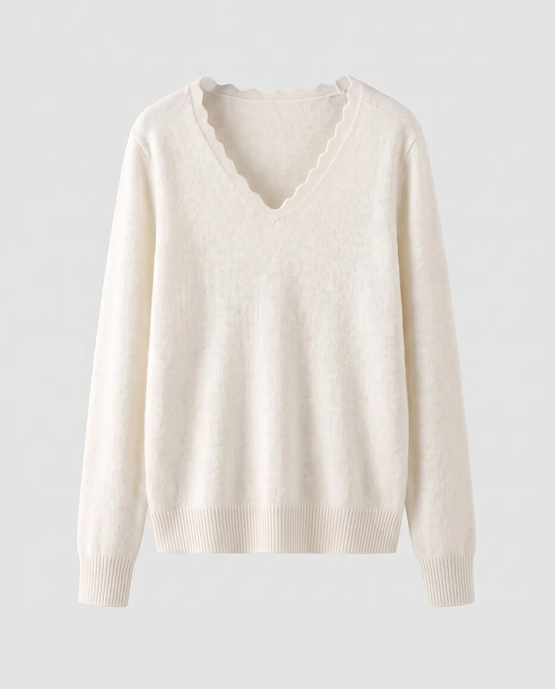 Damen Feinstrickpullover mit V‑Ausschnitt und gezackter Kantenverzierung Nord Taschen