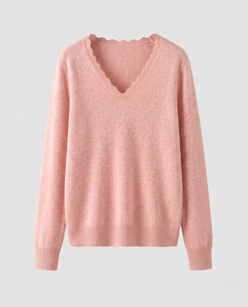 Damen Feinstrickpullover mit V‑Ausschnitt und gezackter Kantenverzierung Nord Taschen