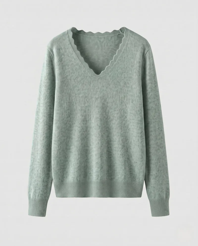 Damen Feinstrickpullover mit V‑Ausschnitt und gezackter Kantenverzierung Nord Taschen