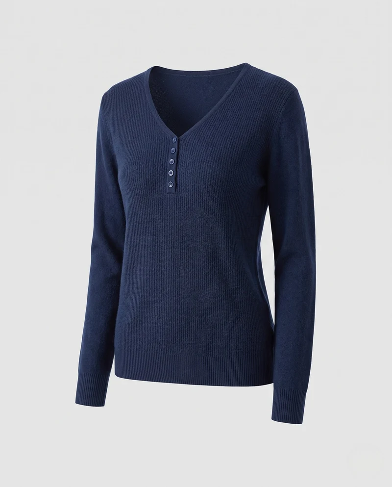 Damen Feinstrickpullover mit V-Ausschnitt und dekorativer Knopfleiste, kaschmirähnliche Weichheit Nord Taschen