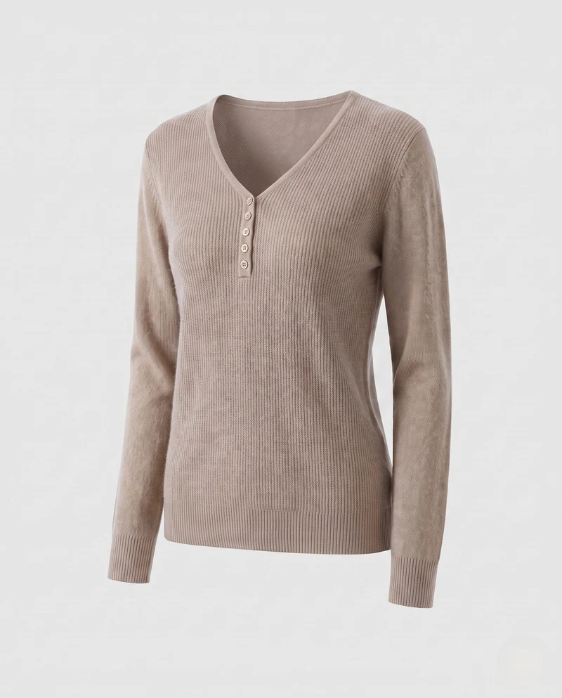 Damen Feinstrickpullover mit V-Ausschnitt und dekorativer Knopfleiste, kaschmirähnliche Weichheit Nord Taschen