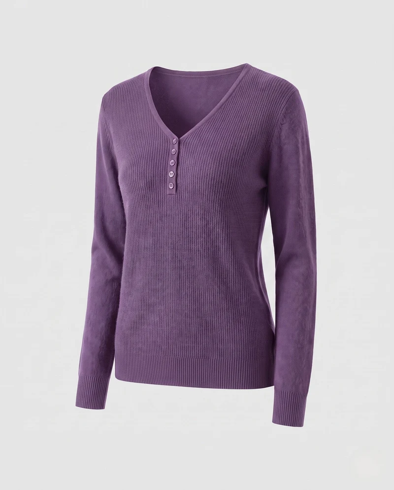 Damen Feinstrickpullover mit V-Ausschnitt und dekorativer Knopfleiste, kaschmirähnliche Weichheit Nord Taschen