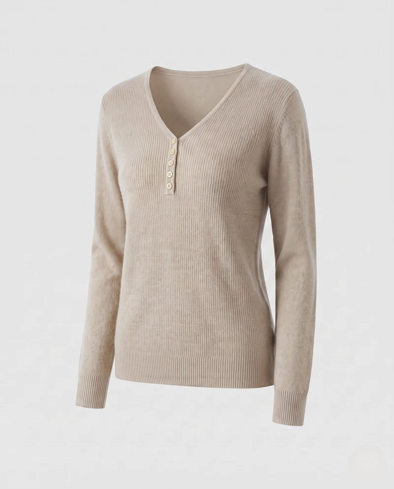 Damen Feinstrickpullover mit V-Ausschnitt und dekorativer Knopfleiste, kaschmirähnliche Weichheit Nord Taschen