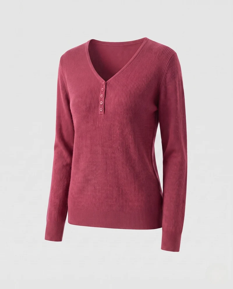 Damen Feinstrickpullover mit V-Ausschnitt und dekorativer Knopfleiste, kaschmirähnliche Weichheit Nord Taschen