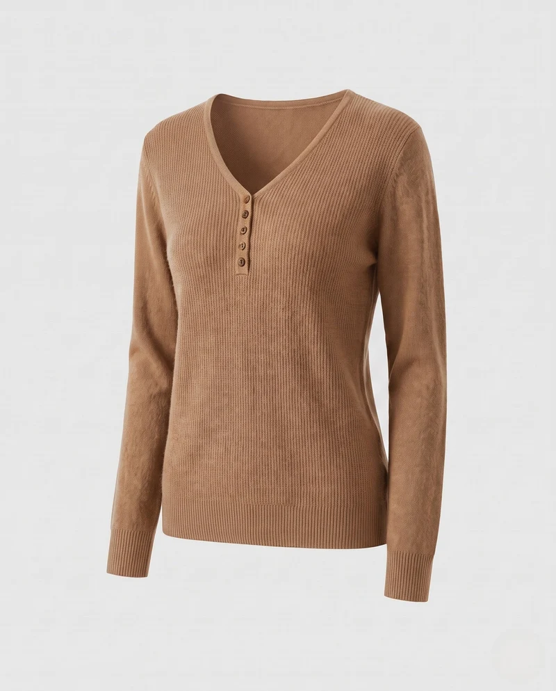 Damen Feinstrickpullover mit V-Ausschnitt und dekorativer Knopfleiste, kaschmirähnliche Weichheit Nord Taschen