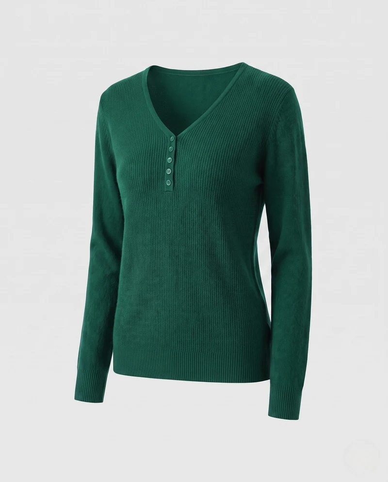 Damen Feinstrickpullover mit V-Ausschnitt und dekorativer Knopfleiste, kaschmirähnliche Weichheit Nord Taschen