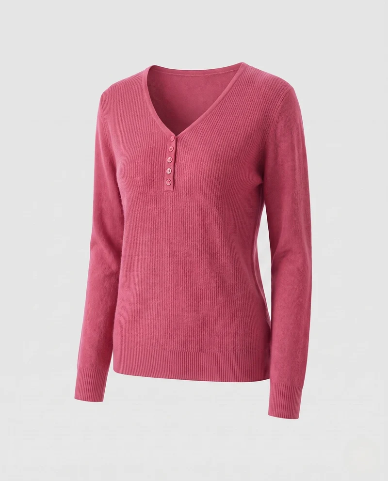 Damen Feinstrickpullover mit V-Ausschnitt und dekorativer Knopfleiste, kaschmirähnliche Weichheit Nord Taschen