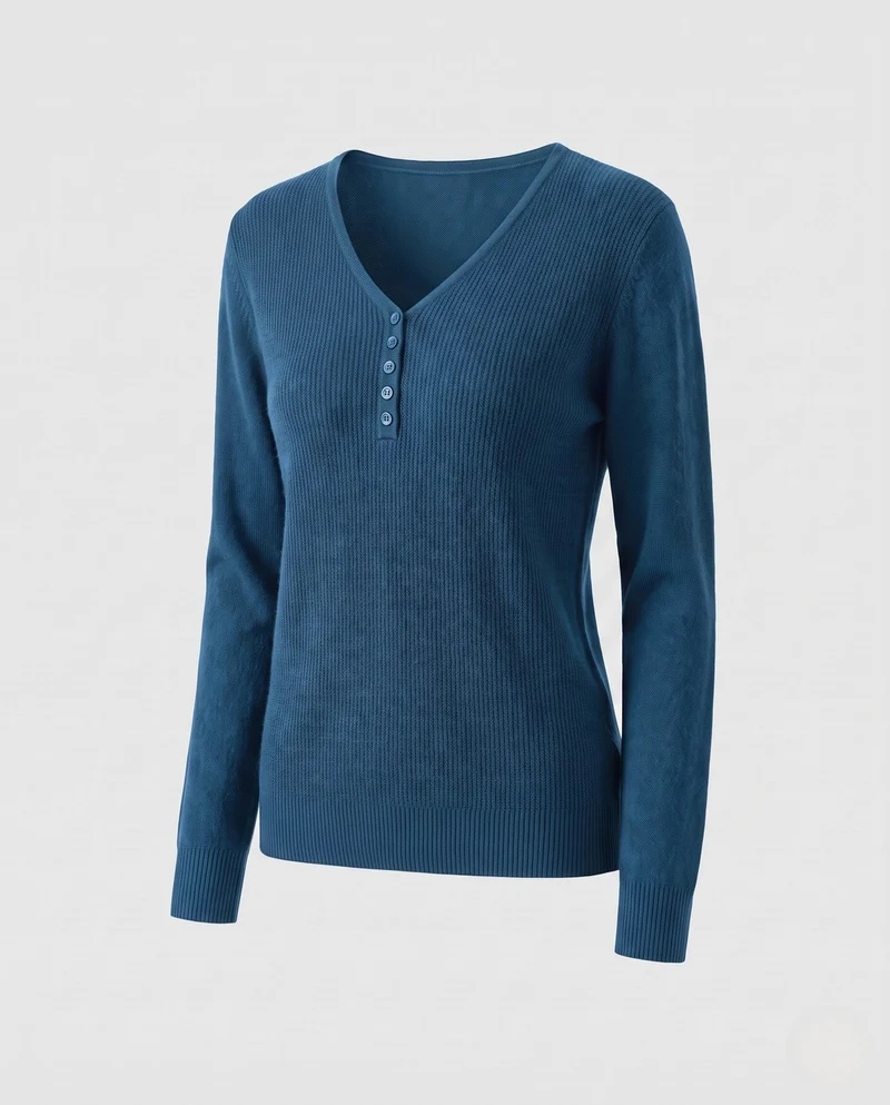 Damen Feinstrickpullover mit V-Ausschnitt und dekorativer Knopfleiste, kaschmirähnliche Weichheit Nord Taschen