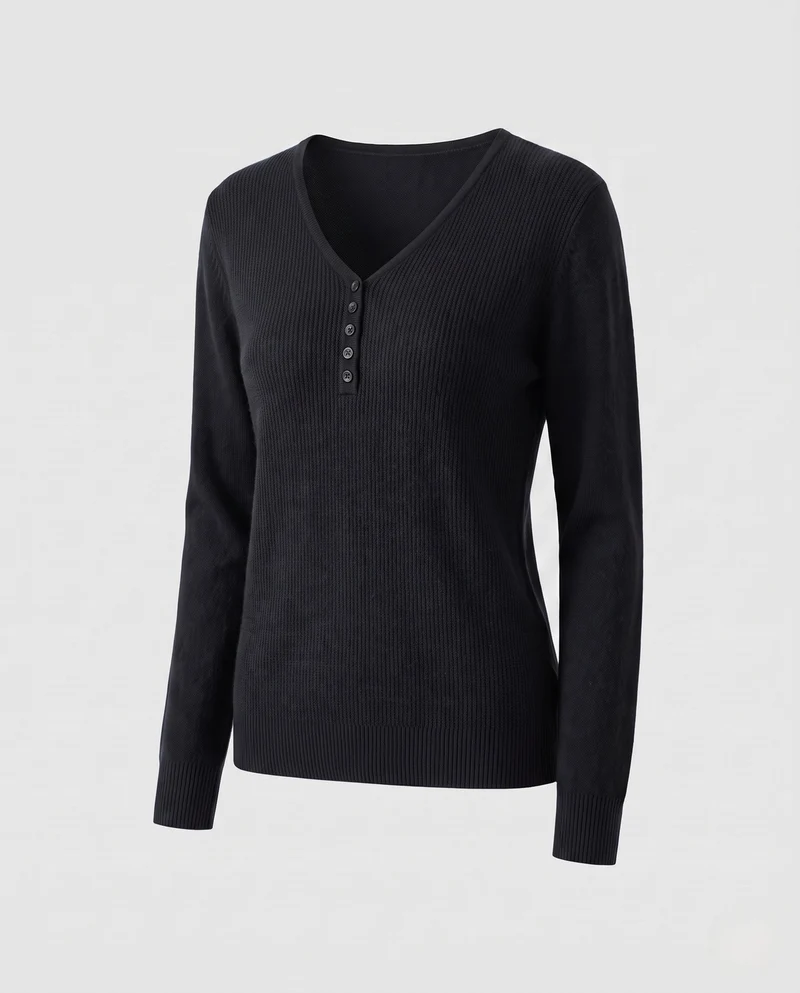 Damen Feinstrickpullover mit V-Ausschnitt und dekorativer Knopfleiste, kaschmirähnliche Weichheit Nord Taschen
