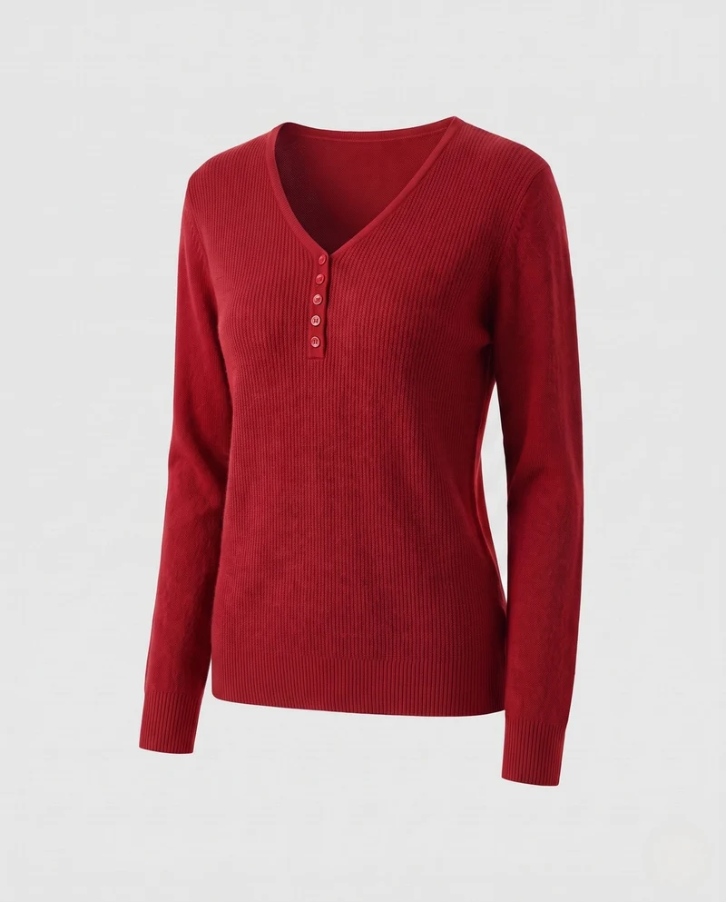 Damen Feinstrickpullover mit V-Ausschnitt und dekorativer Knopfleiste, kaschmirähnliche Weichheit Nord Taschen