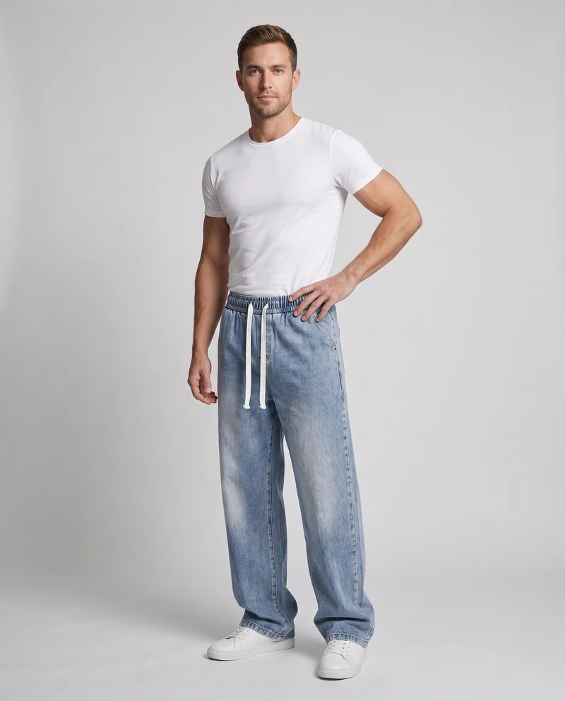 Herren Weite Relaxed-Jeanshose mit Tunnelzugbund und washed Denim-Optik Nord Taschen