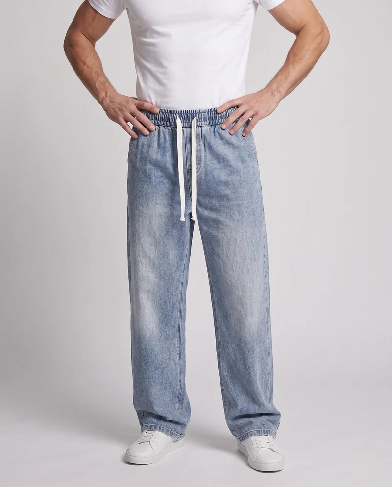 Herren Weite Relaxed-Jeanshose mit Tunnelzugbund und washed Denim-Optik Nord Taschen