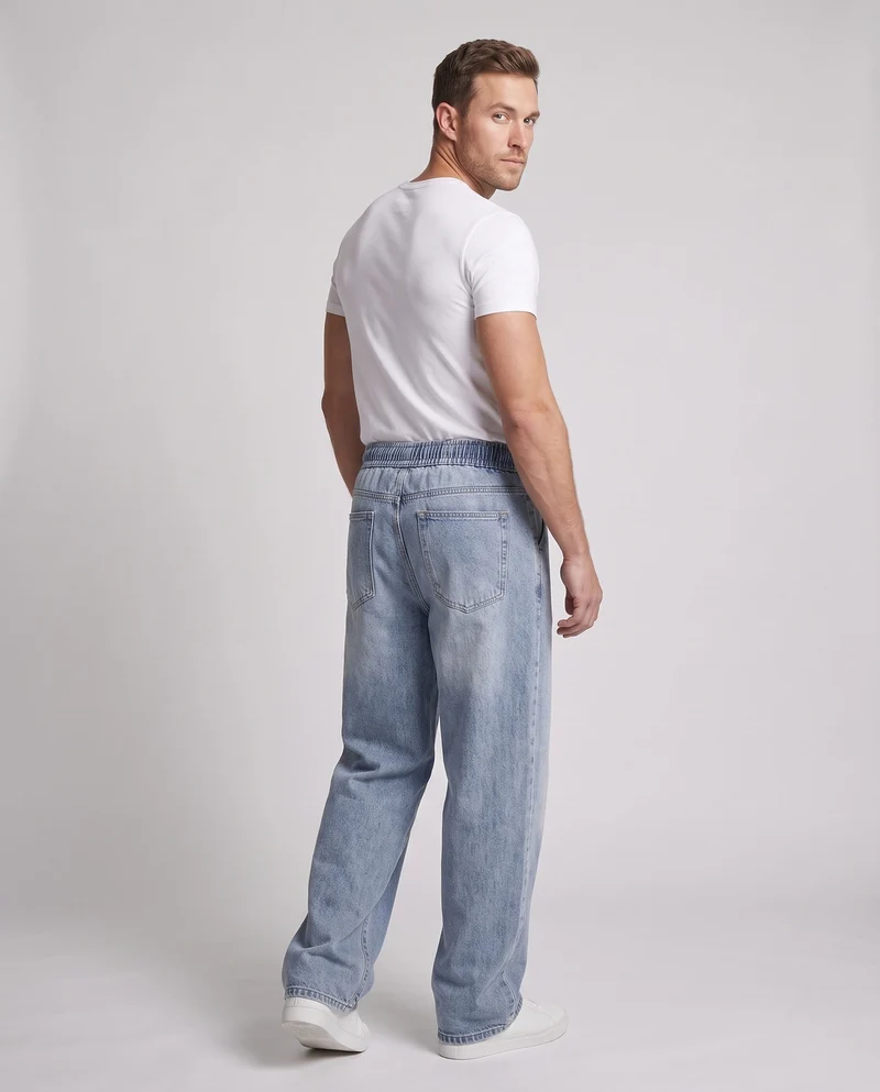 Herren Weite Relaxed-Jeanshose mit Tunnelzugbund und washed Denim-Optik Nord Taschen