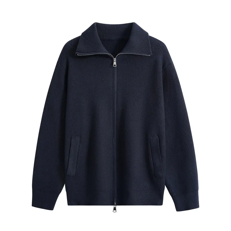 Herren Strick-Zipjacke mit Stehkragen, gerippter Struktur und Oversized-Schnitt Nord Taschen