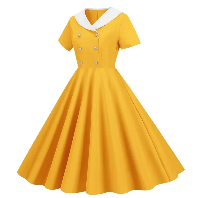 Zomerse Vintage Knopen Grote Zwaai V-hals Jurk